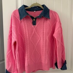 Pink Cable Knit Sweater with Denim Collar
